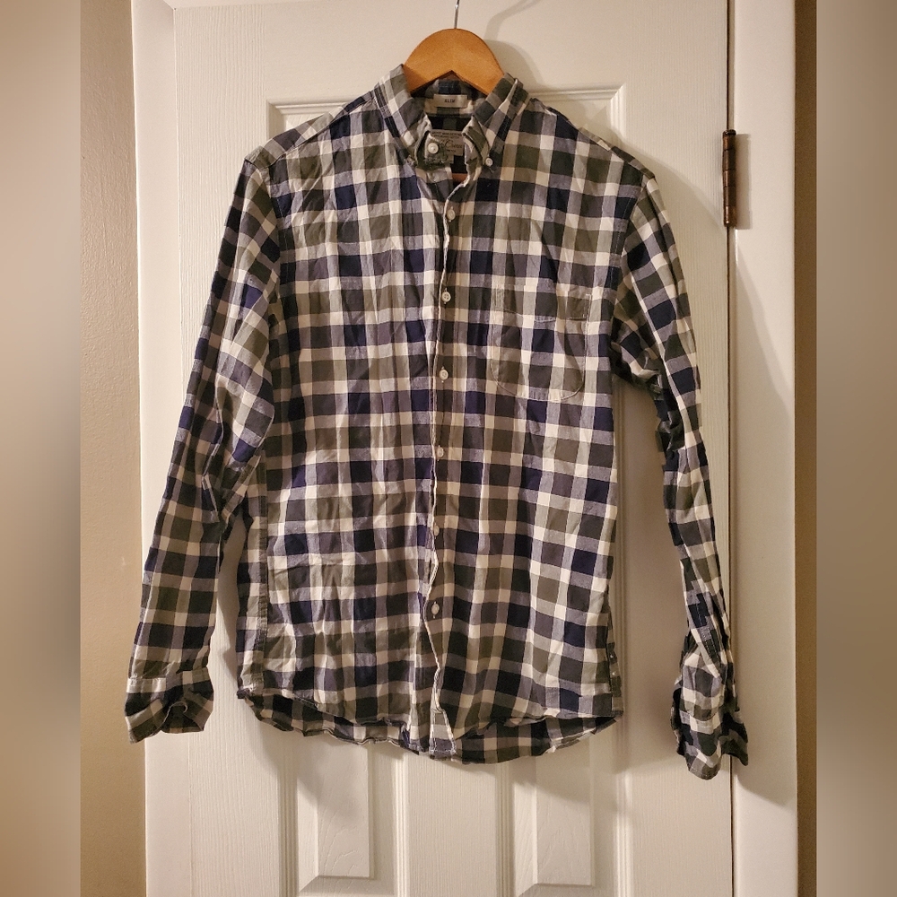 J. Crew Navy White Olive Green Plaid Gingham Button Shirt, Slim, Strech Medium